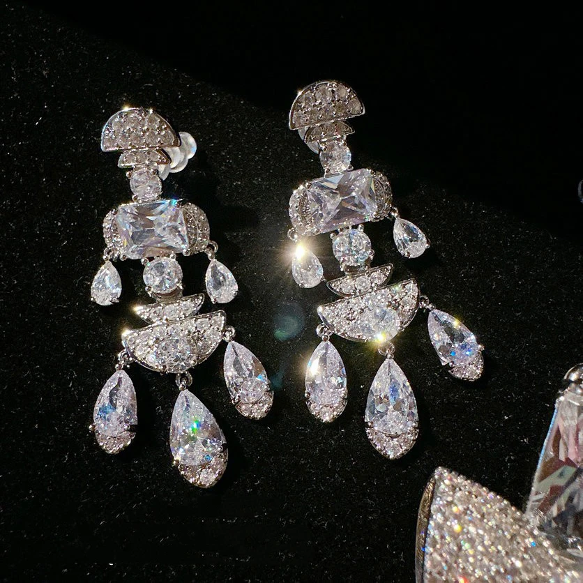 Semi-round fan-shaped water drop tassel earrings sweet wedding banquet sparkling ear jewelry