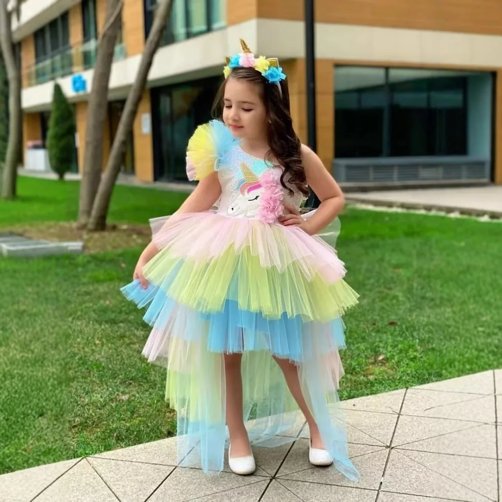 1-4 Yrs Girls Unicorn Dress Children Unicorn Birthday Party Layered Dress  With Long Tulle Tails Little Kid Rainbow Princess Sets - AliExpress 1501