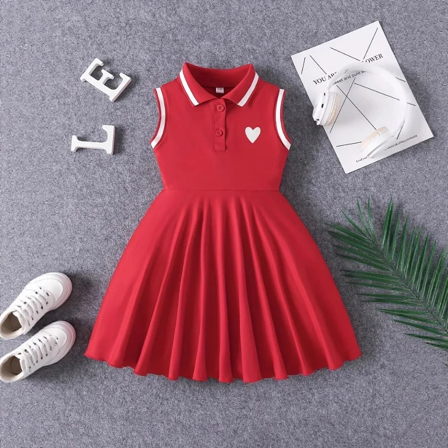 

【New style】Small and middle children and girls summer lapel pullover sleeveless heart print waist pleated dress trend
