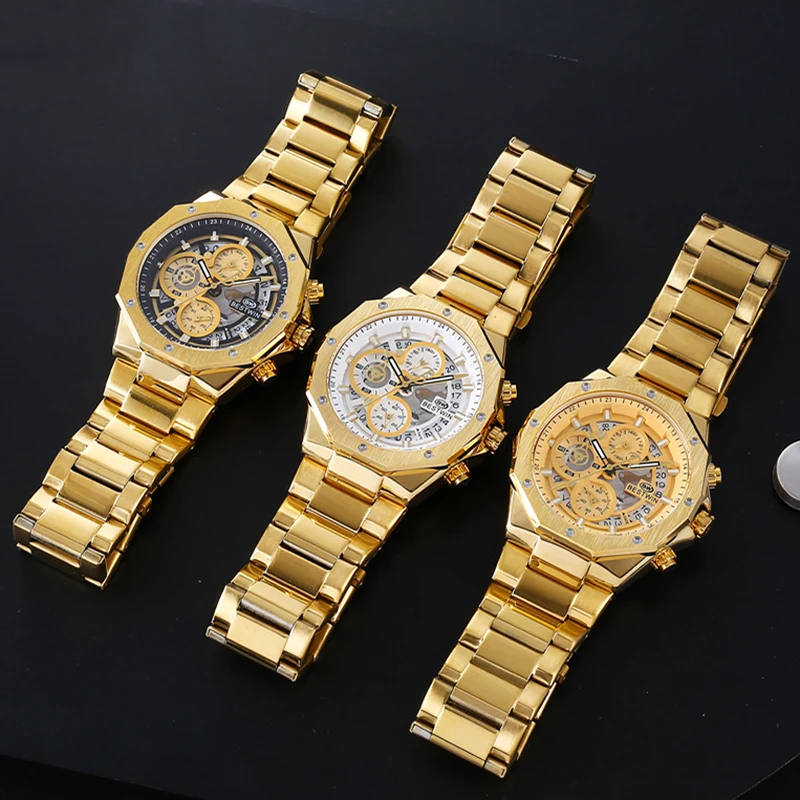 BESTWIN Men\'s Wrist Watches 2023 Top Brand Luxury Stainless Steel Chronograph Gold Men Quartz Watches For Male Clock Dropship