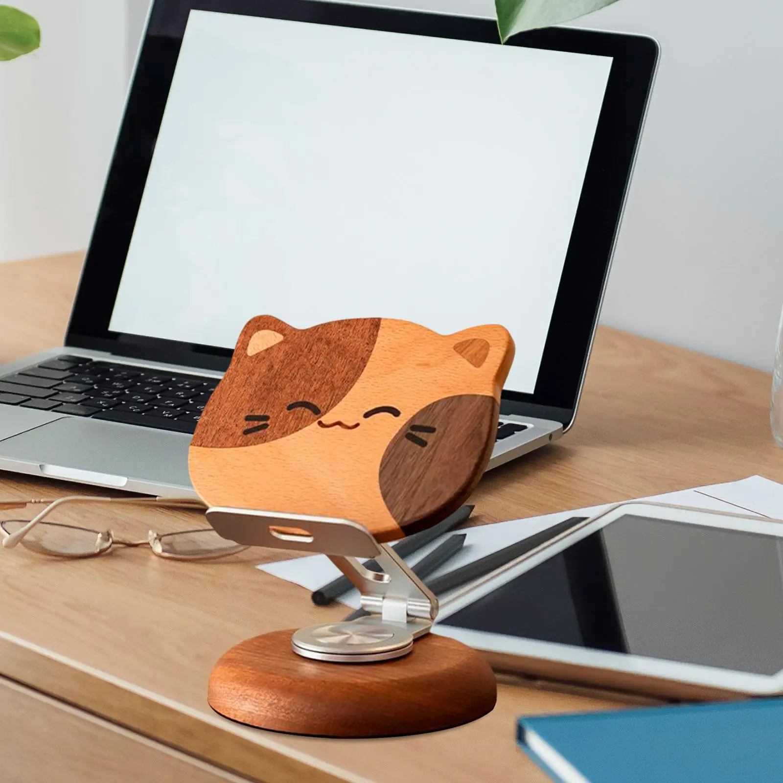 Cat Wooden Phone Holder Creative Adjustable 360 Degree Rotatable Portable Gift Cellphone Stand Lazy Bracket Tabletop Ornament