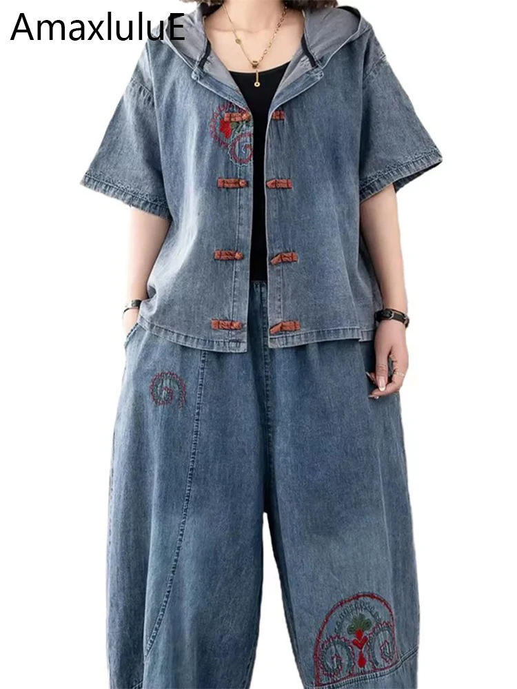 

Amax luluE 2025 Chinese Women Summer Fashion Jackets Suits Denim Two Pieces Sets Loose Hooded Coats Casual Jeans Vintage Outfits