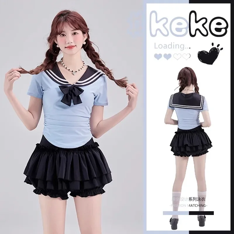 ملابس سباحة للفتيات في المدارس، ملابس سباحة أنيقة بياقة بحار لطيفة + تنورة صغيرة مكشكشة، ملابس سباحة صيفية رافعة للصدر، مجموعة بيكيني عالية الخصر