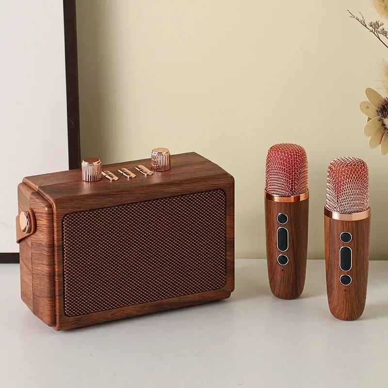 New retro wood grain Bluetooth speaker, outdoor portable classical home furnishings, integrated set with microphone Karaoke