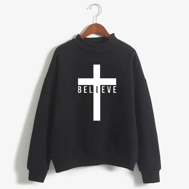 Believe in Jesus Cross Print Woman Sweatshirts Sweet Korean O-neck Knitted Pullover Autumn Winter Candy Color Women Clothing