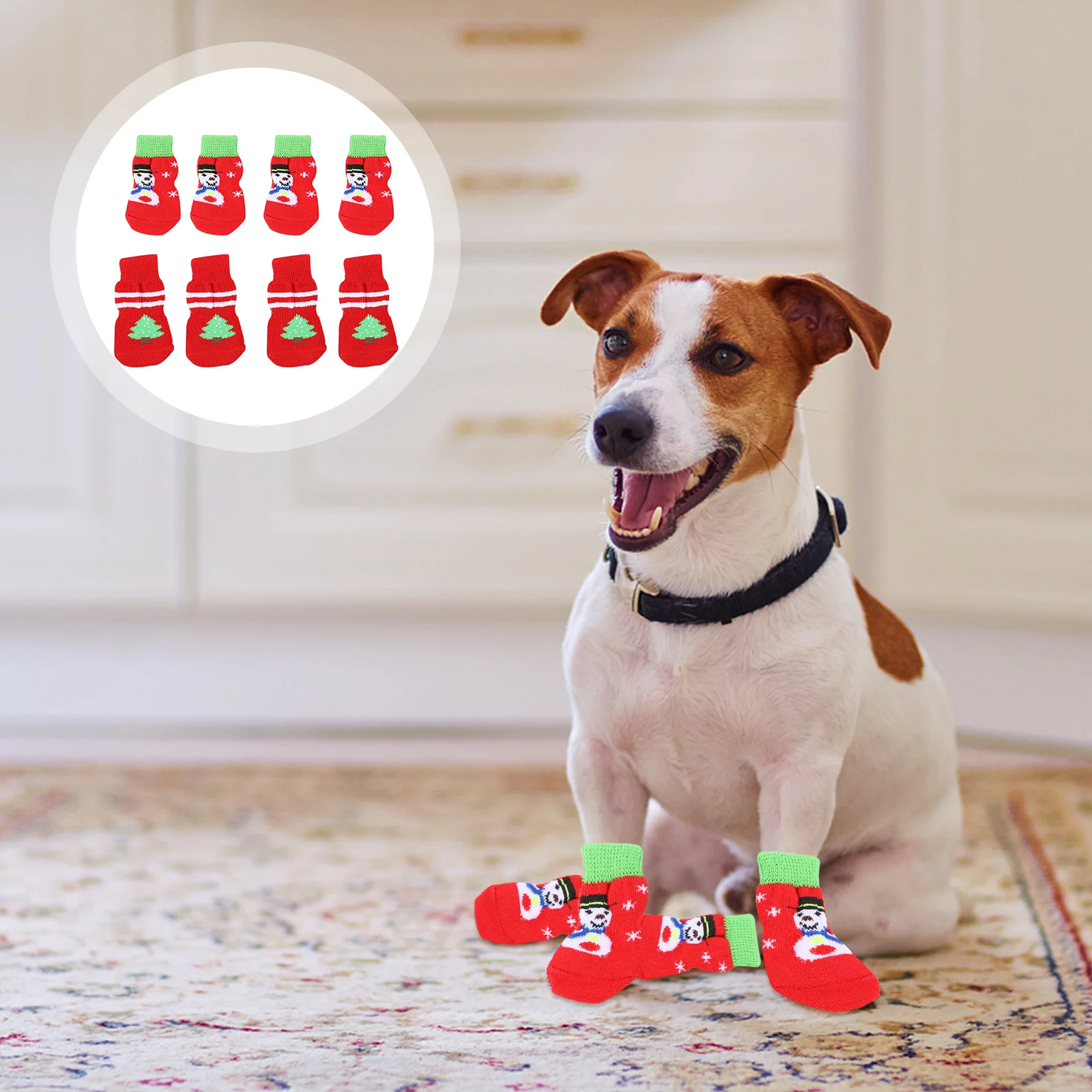

8Pcs Dog Socks Pet Warm Anti-Slip Footwear Christmas Design Paw Protectors for Indoor Traction Use Christmas Pet Socks