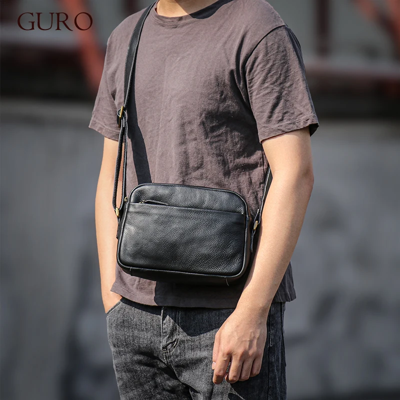 GURO męska torba na ramię z prawdziwej skóry naturalna skóra bydlęca Crossbody na co dzień mała tornister luksusowa torba na telefon komórkowy na iPada 7,9 cala