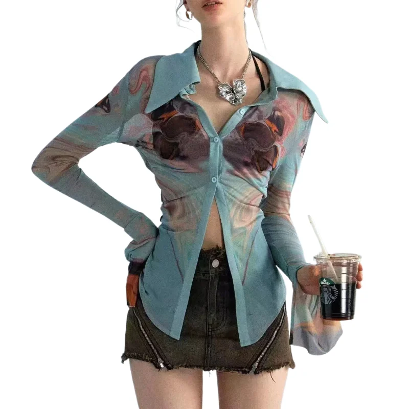 

Японские летние женские рубашки поло в стиле Лолиты, новинка 2024, лоскутные рубашки поло с принтом на пуговицах, газовые модные тонкие элегантные топы с длинными рукавами