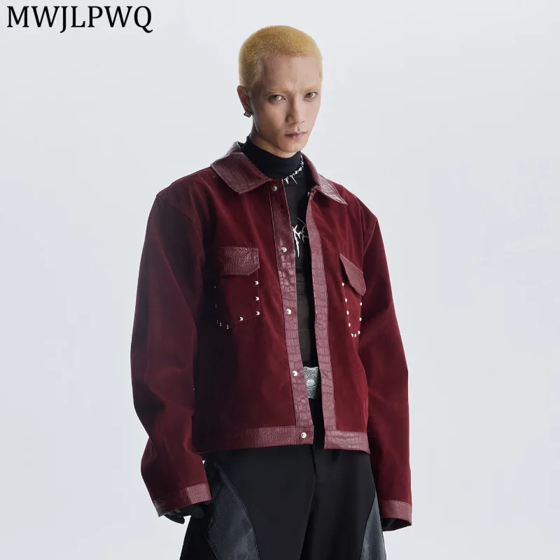 

MWJLPWQ Spliced Leather Patchwork Rivet Jacket Men's High Street Flocked Button Design Casual Coat Autumn Loose Fit Tops 11640