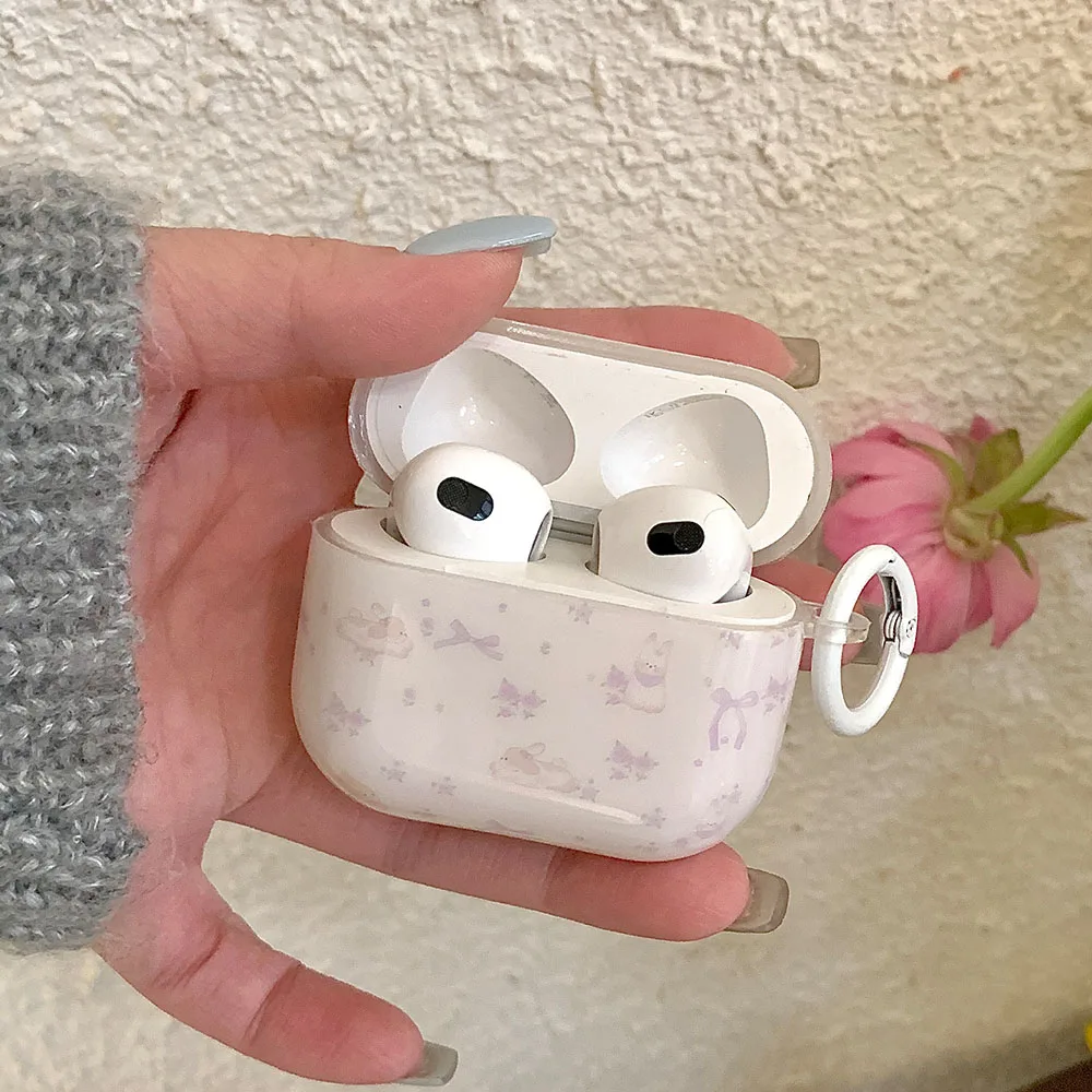 كارتون جميل الأرجواني Bowknot أرنب نمط مع المفاتيح لينة سيليكون للصدمات واقية ل AirPods 1 2 3 4 برو 2