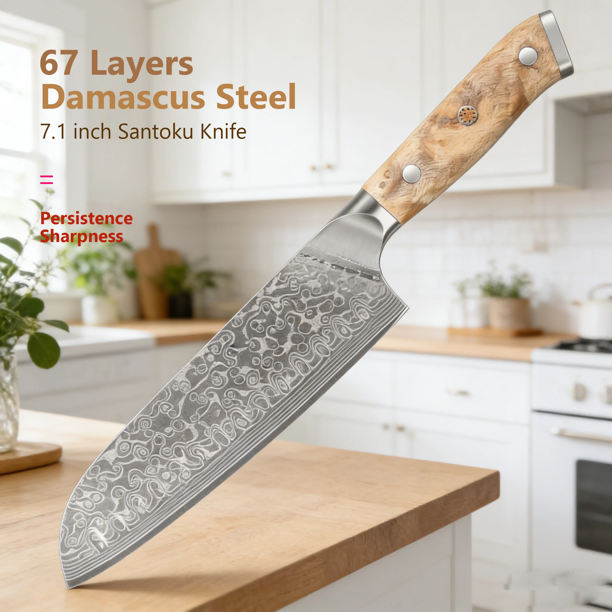 

Damascus Kitchen Knife 7.1 Inches Santoku Knife 10Cr15CoMov Steel Core Figured Sycamore Wood Handle Luxury Gift