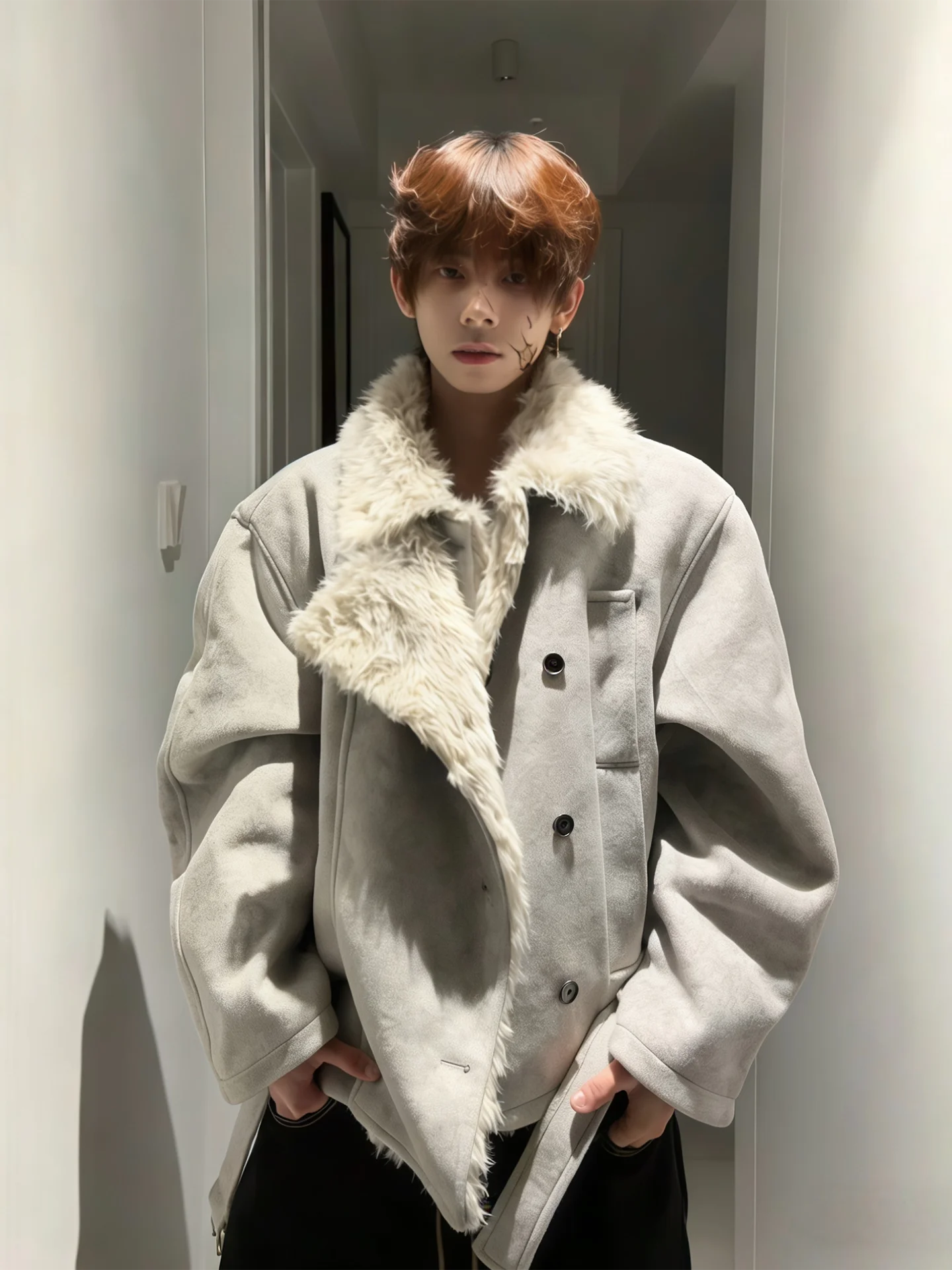 

Grey Short Thickened Woolen Cotton Jacket Men's Autumn Winter Warm High-End Style Youthful Popularity Loose Fit Button Closure