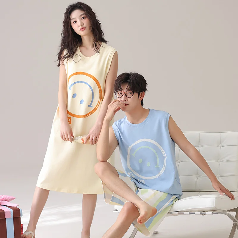 

Summer Couple Pajama Set Men 100% Cotton Sleeveless Pyjamas Women Nightgown With Chest Pad