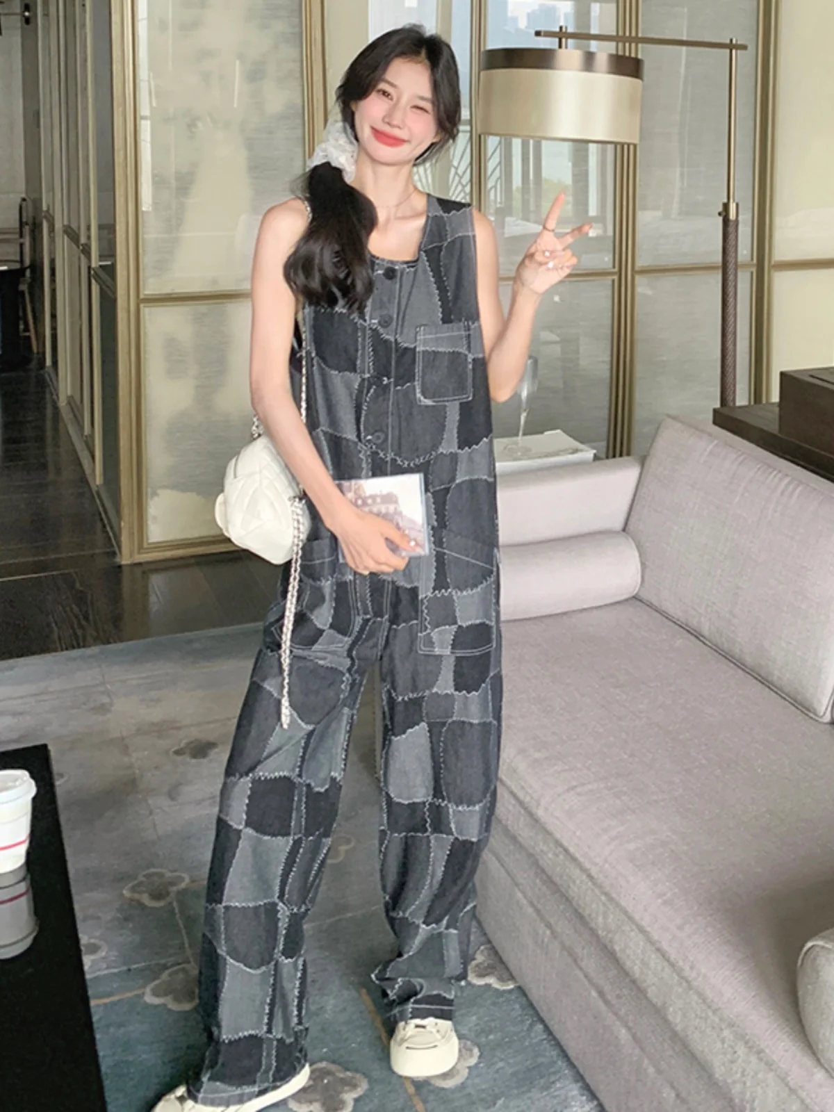 

Ретро-комбинезон в гонконгском стиле с цветными блоками, женский, летний 2026, свободный, стройнящий, на бретелях, с высокой талией, длинные прямые брюки