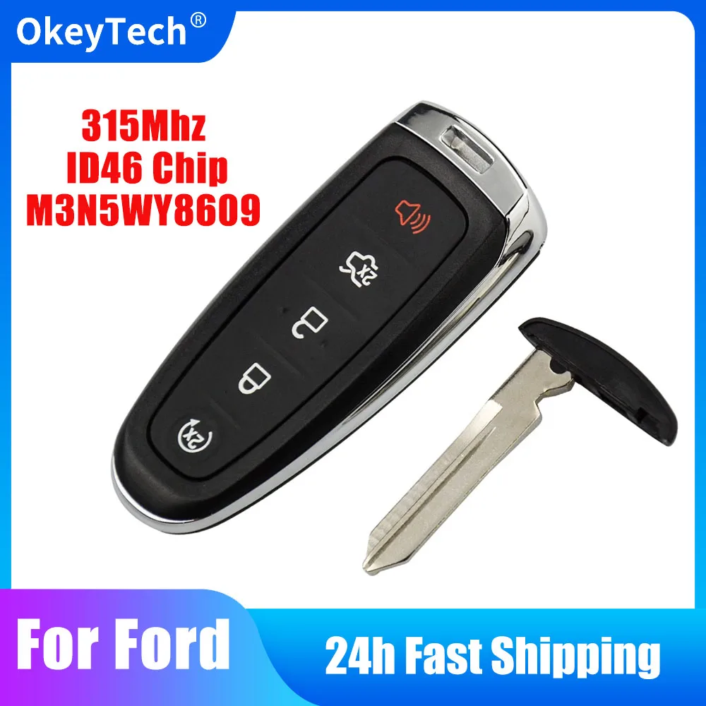 OkeyTech Smart Card Remote Key For Ford Explorer Edge Escape Flex Taurus M3N5WY8609 315Mhz 5 Button with Insert Blade ID46 Chip