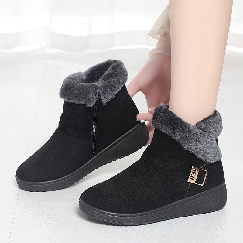 Womens Short Tube Boots with Metal Low Heel Round Toe Sleeve Non-slip and Warm 2024 New Winter Suede Casual Black Snow Boots