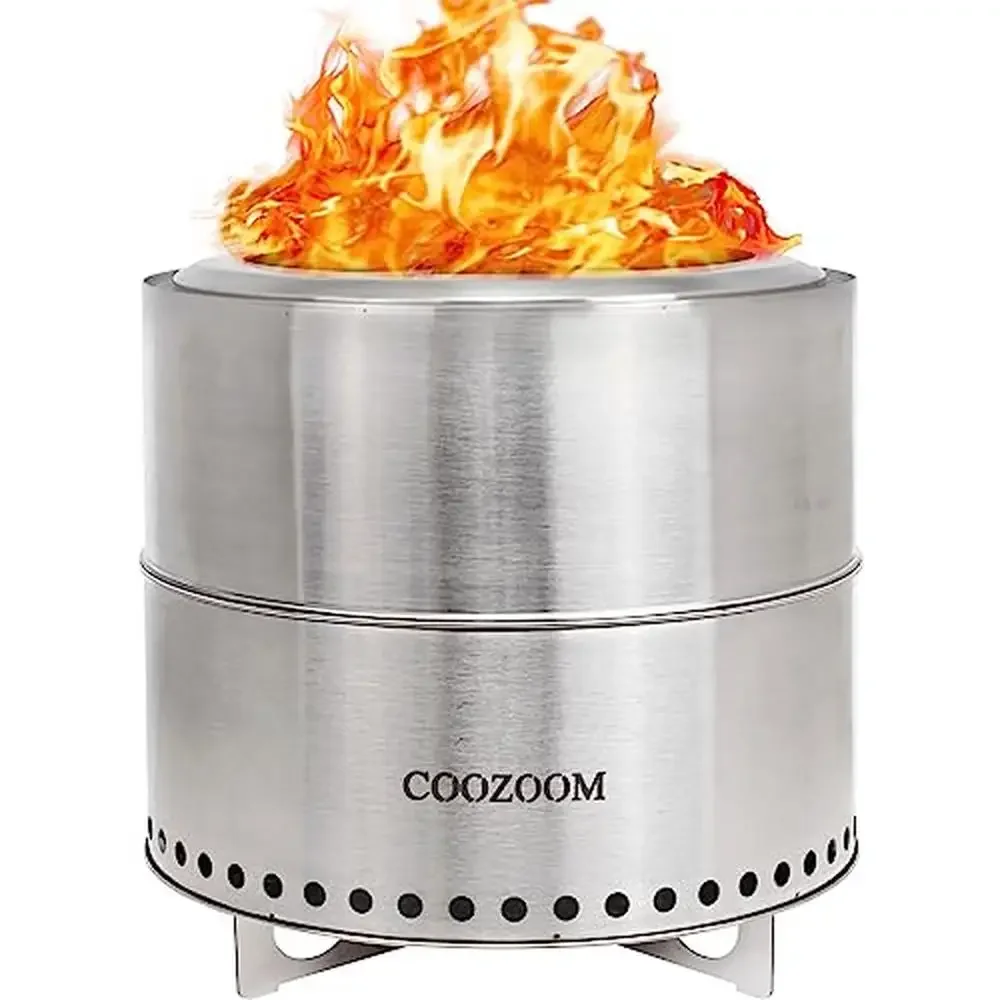 Portable Stainless Steel Fire Pit Secondary Combustion Efficient Burn Ash Pan Handles Base Support