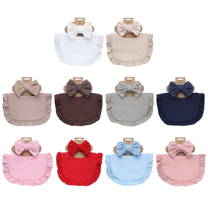 

B2EB 2pcs Baby Bibs with Headbands Newborn Bow Headwrap & Spit Cloth Combo