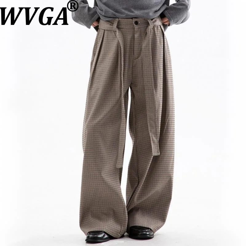 

WVGA весна осень новые мужские брюки Tide High Street с узором «гусиные лапки» модный плиссированный дизайн с карманами и поясом прямые костюмные брюки Ins Y2K W12796