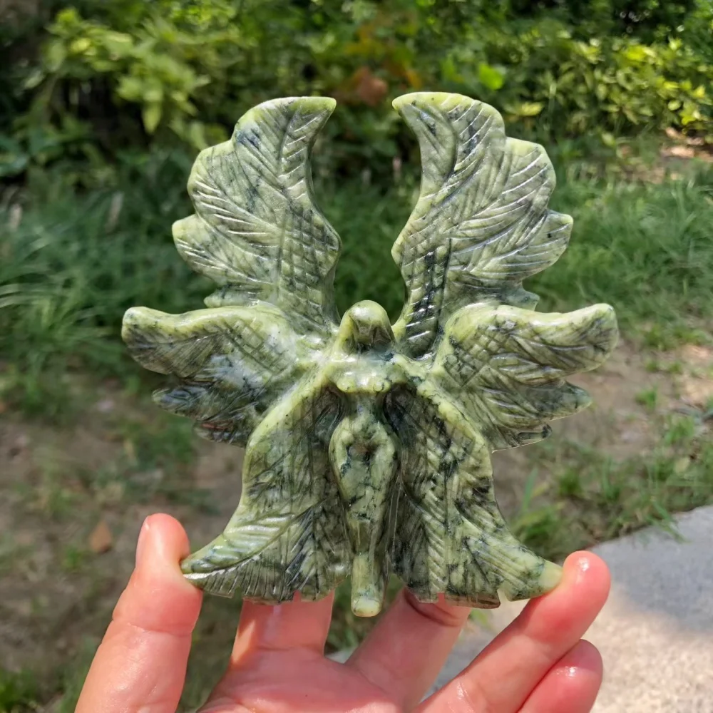 12cm Natural Serpentine Six‑Wing Angel Figurine Hand‑Carved Green Gemstone Fairy Statue Detailed Feather Desktop Ornament Gift