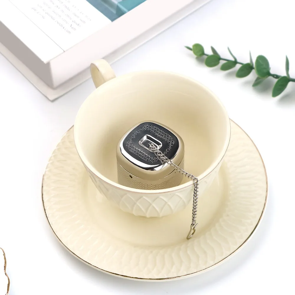 2 Set Teaware Stainless Steel Square Tea Infuser Ball Fine Mesh Tea Filter with Tray Chain Design Tea Strainer Cooking