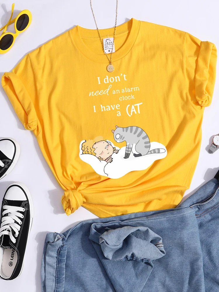 I Don\'T Need An Alarm Clock I Have A Cat T Shirts Women Breathable Hip Hop T-Shirts Soft Sweat Crop Top Street Casual T-Shirt