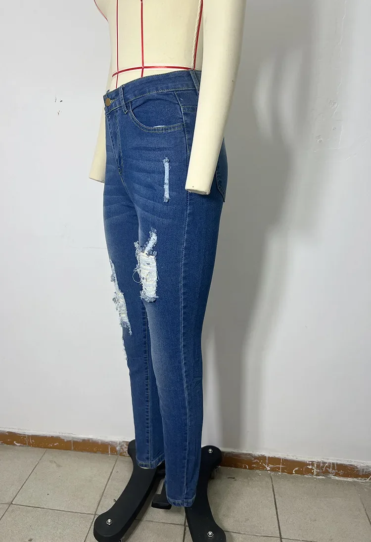 Femmes jean trou Denim crayon pantalon déchiré en détresse lavé Stretch taille haute droite cheville longueur pantalon 2025 Streetwear