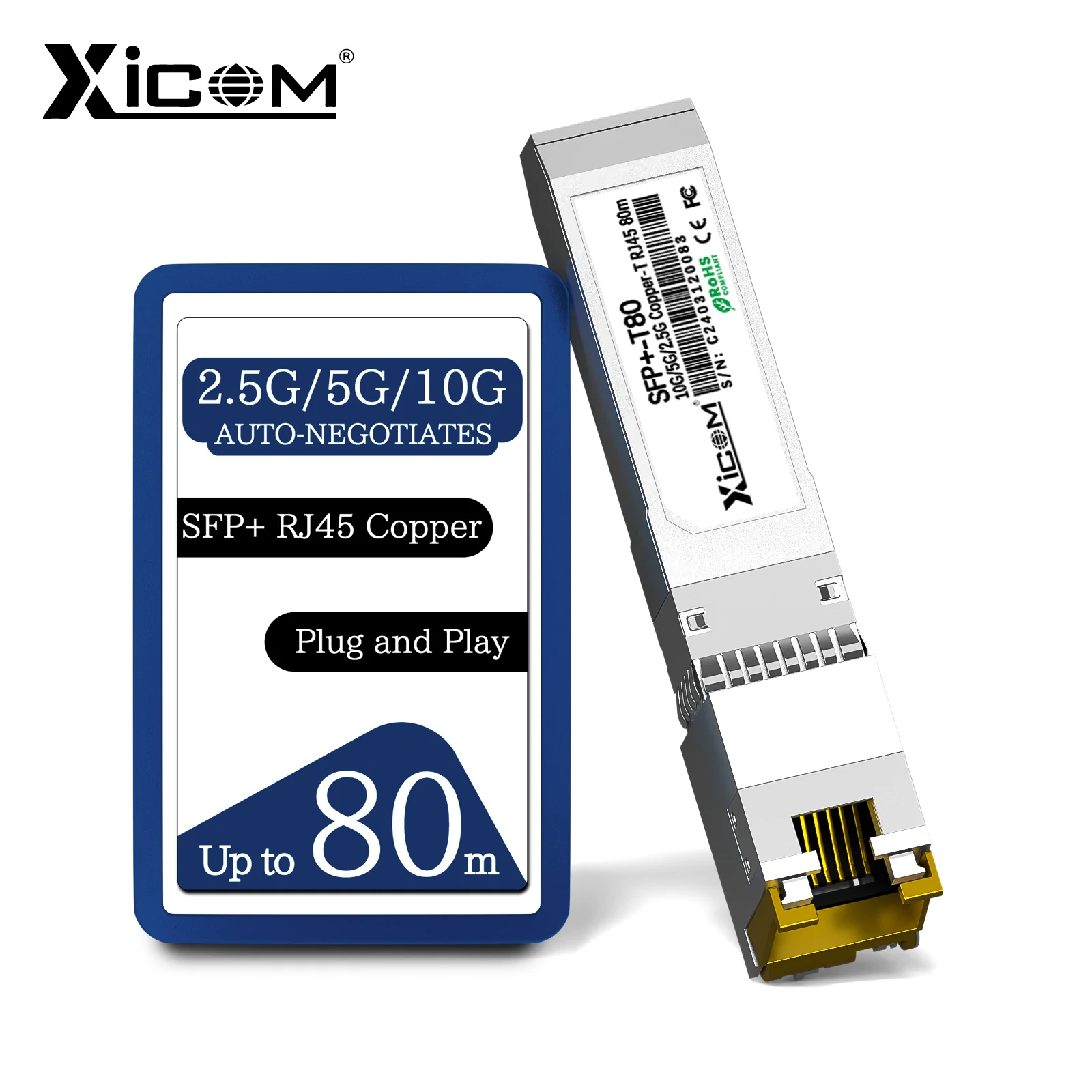 Xicom 10G SFP + RJ45 وحدة إرسال واستقبال نحاسية SFP 80M RJ45 Port 10G/5G/2.5G متوافقة مع محول ألياف إيثرنت Cisco/Mikrotik