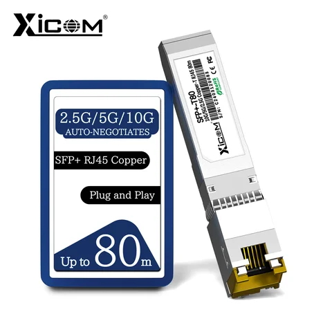 Xicom 10G SFP + RJ45 Módulo Transceptor SFP de Cobre 80M Porta RJ45 10G/5G/2.5G Compatível com Cisco/Mikrotik Ethernet Switch de Fibra