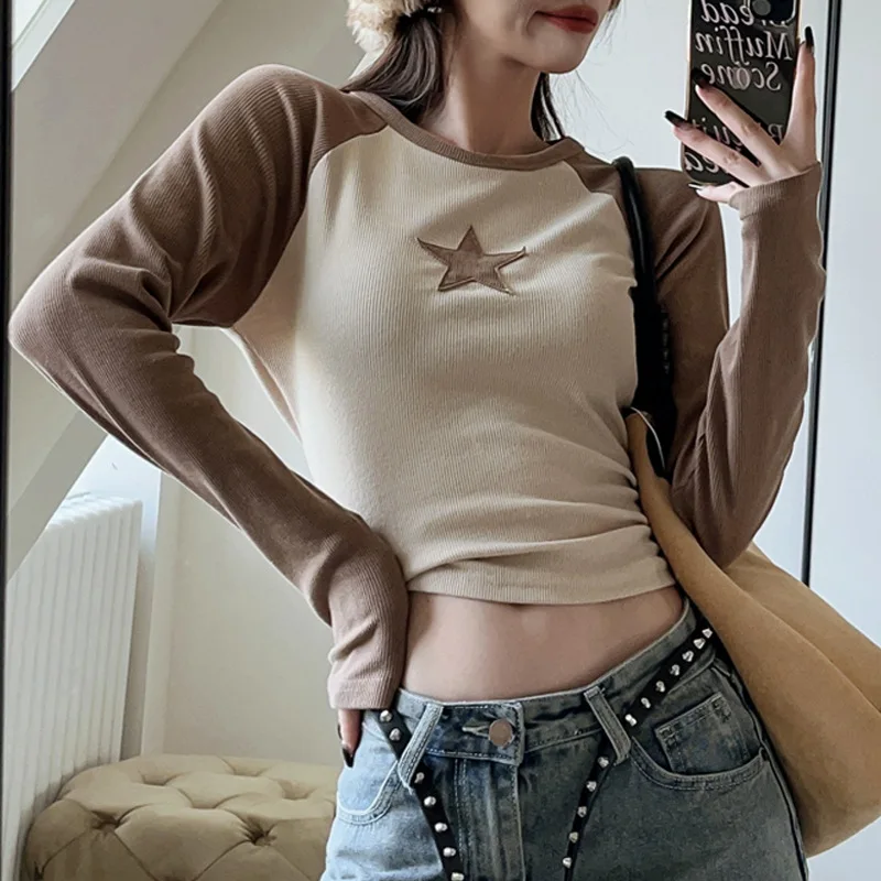 Women Vintage y2k Star Graphic Crop Tops O-neck Long sleeved T-shirt Grunge Streetwear Harajuku Aesthetic Splicing T-shirts