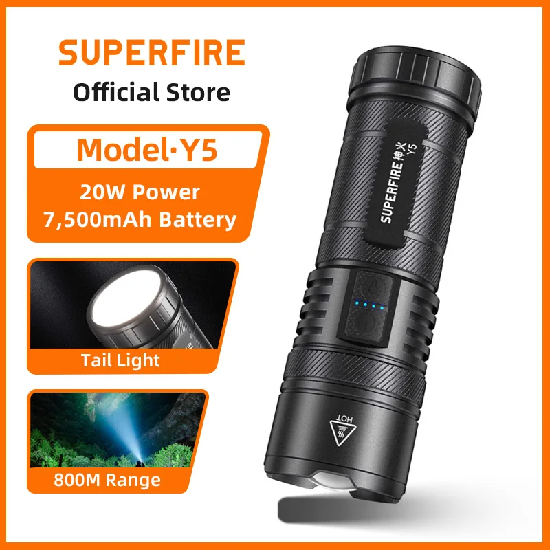 

SUPERFIRE Y5 20 Вт мощный мощный фонарик с зумом Type-C USB перезаряжаемый фонарик дальнего действия 800 м водонепроницаемый походный светильник
