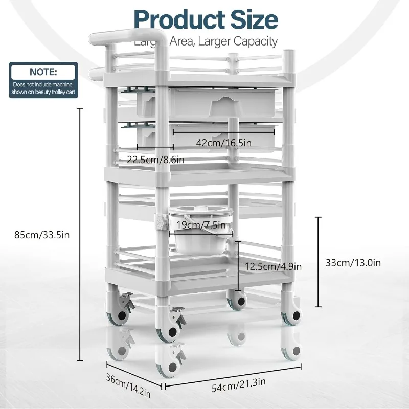 Beauty Salon Trolley, Water Bucket and 1 Large Drawer, 3-layer SPA Trolley, Load of 330 Pounds, 360 ° Rotating Silent Wheels