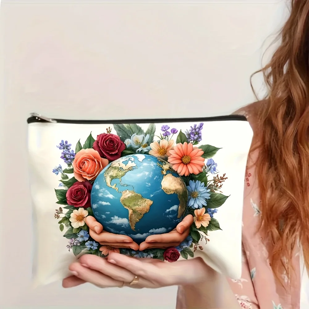 A Earth and floral makeup bag- multifunctional zipper pouch, jewelry storage bag, perfect travel zipper small storage bag.