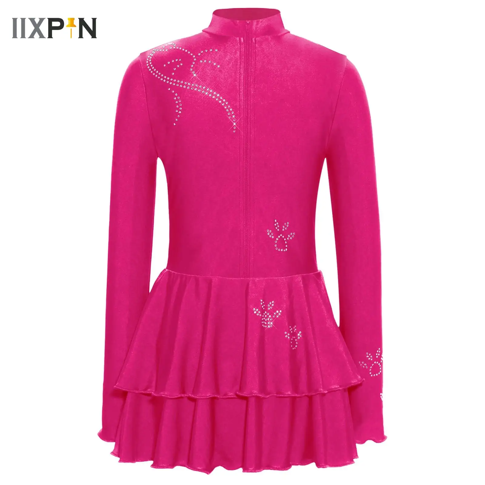 

Kids Girls Rhinestones Long Sleeve Tiered Ruffled Rhythmic Gymnastics Ballet Leotard Dance Dress Costume Figure Skating Dress