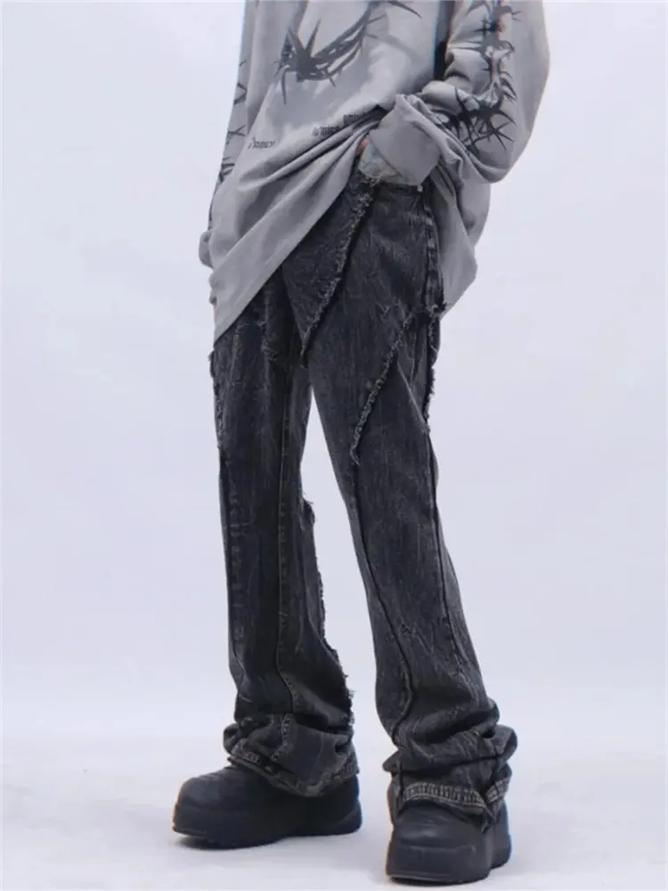 Jeans Men Spring and Autumn High Street Y2K Spliced Straight Pants Button Pocket Raw Edge To Do Old Trousers A058