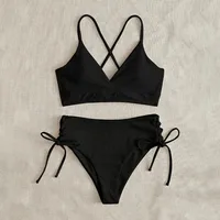 Solid Bikini Set Swimsuit Women V Neck Backless Lace Up High Cut Thong Split Bathing Suit 2025 New Beach Swimwear 2 Piece Sets - Image 3