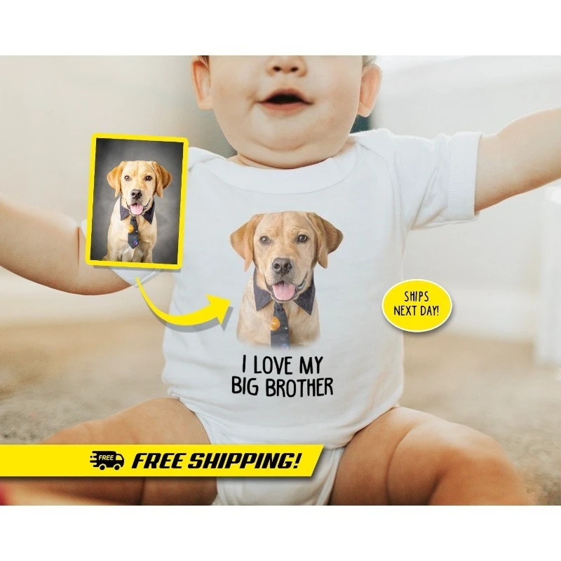 3pcs set Custom Dog Cat Photo Bodysuit, I Love My Big Brother Romper Set, Golden Corgi Siamese Print Baby Toddler Outfit + Socks