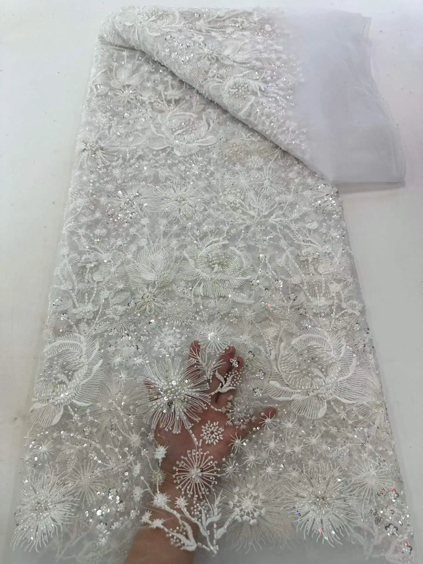 

New Arrival 2026 High Quality Sequin Beaded Fabric Women's Evening Dress French Mesh Lace Fabric for African Wedding