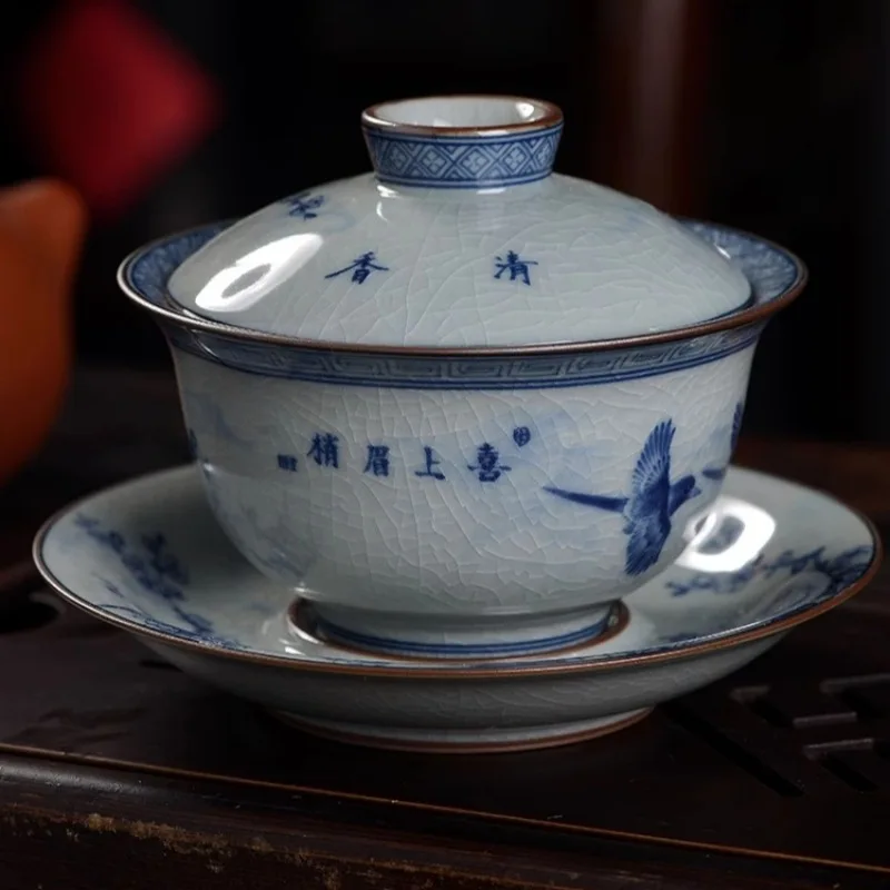 Jingdezhen Old Clay Flowers and Birds Gaiwan Non-Scald Tea Brewing Bowl Household Porcelain Kung Fu Set Suit Large Size