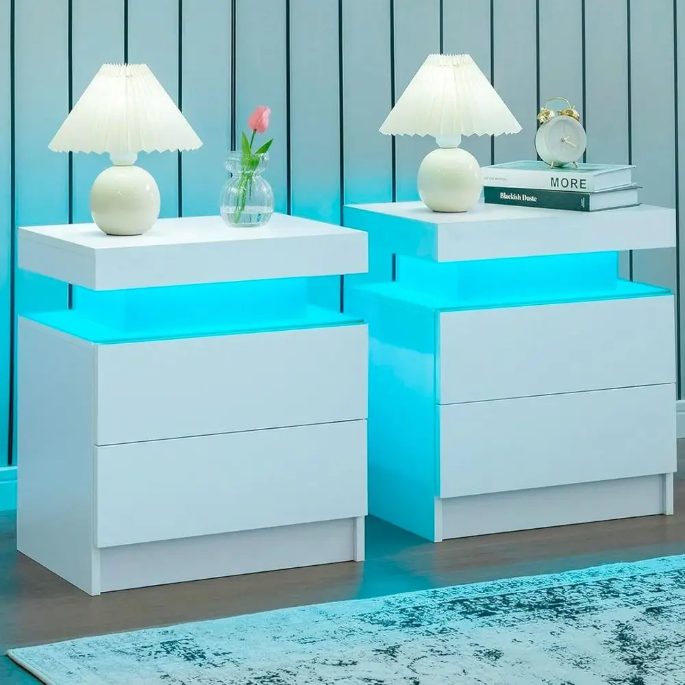 

Комплект из 2 прикроватных тумбочек с LED-подсветкой и ящиками, белая мебель для спальни