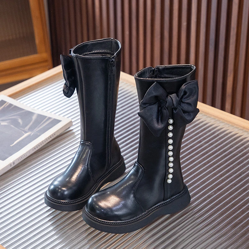 

Длинные сапоги для девочек с бантом, милые детские школьные кожаные сапоги для выступлений, модные детские подиумные сапоги принцессы, новинка зимы