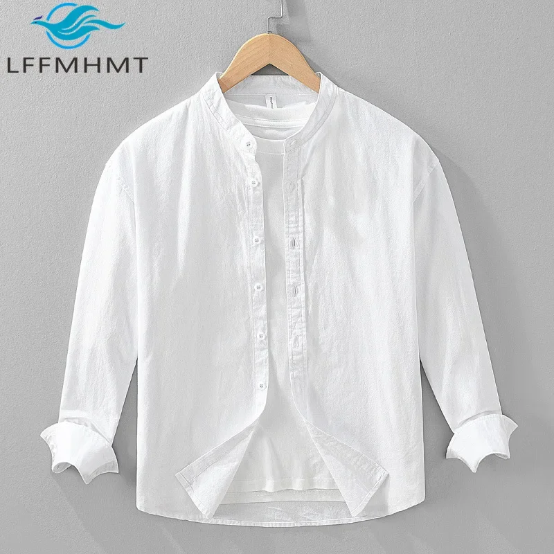 2452 100% Cotton Good Quality White Shirt for Men Spring Fall Fashion Solid Color Stand Collar Long Sleeve Comfortable Daily Top