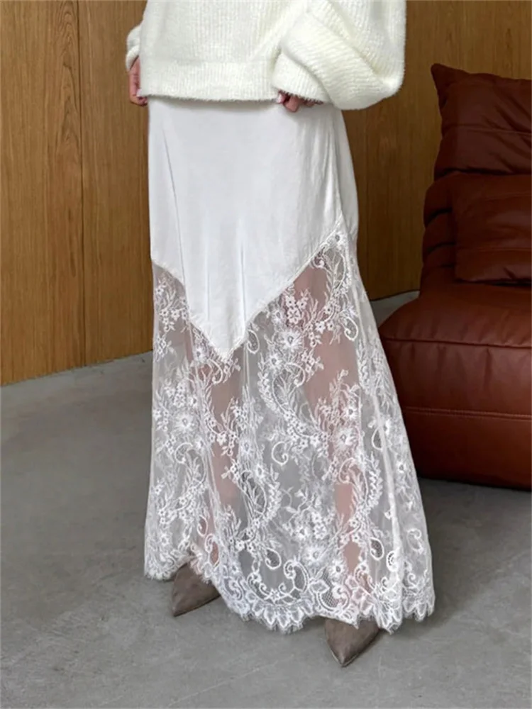 

Summer Lace Patchwork Long Skirt Women's High Waist Slim Contrast Commute Elegant Party Looks Female Lace Maxi Skirt