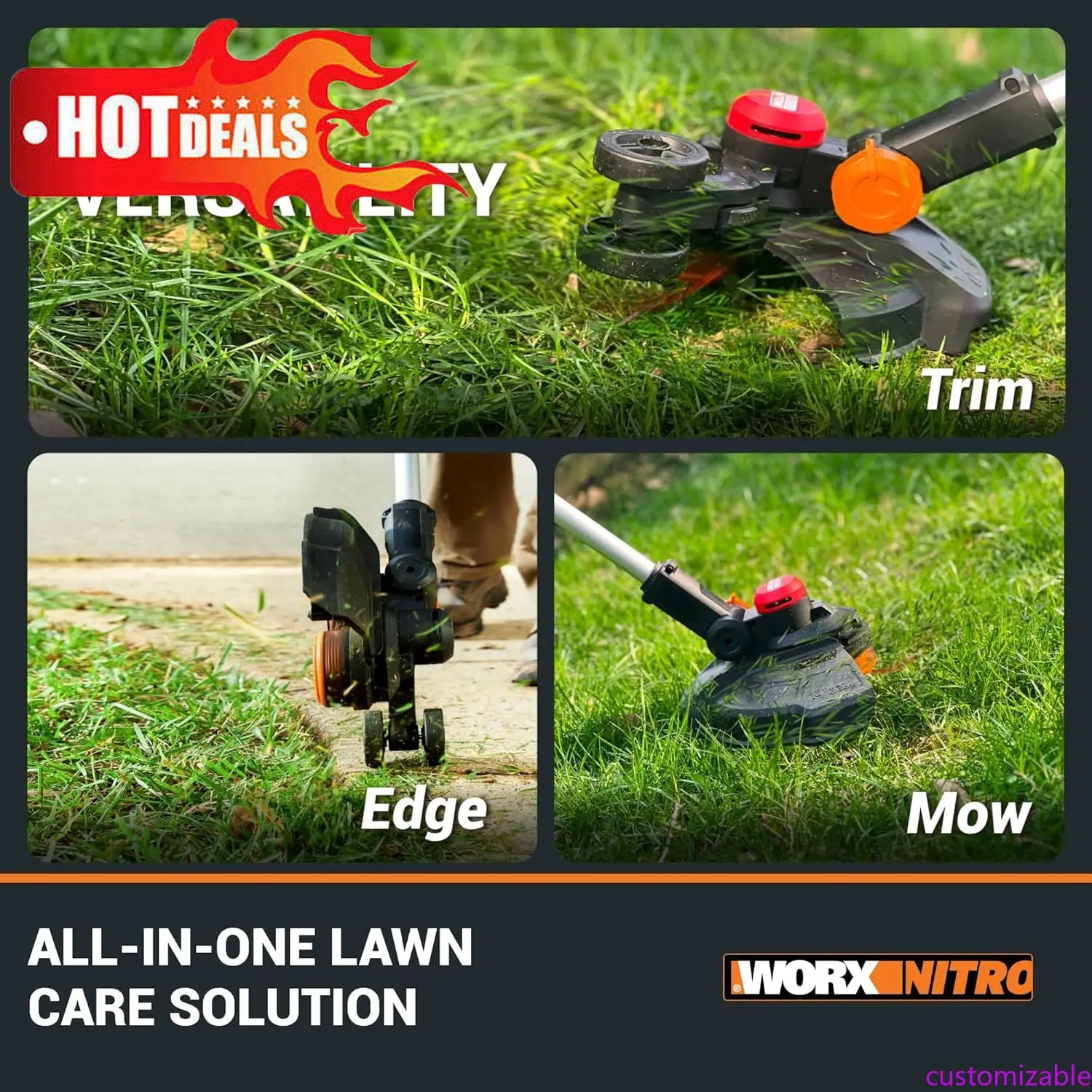 

Customizable 20V 13" Cordless String Trimmer With Brushless Motor, 3-in-1 Grass Trimmer Edger Mini-Mower