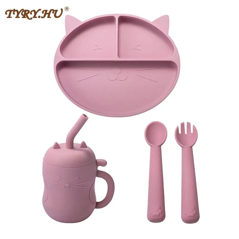 Baby Gadgets Tableware Set Anti-Hot Leakproof Silicone Infant Feeding Plate Bowl Spoon Fork 250ML Feeding Drinkware Straw Cup