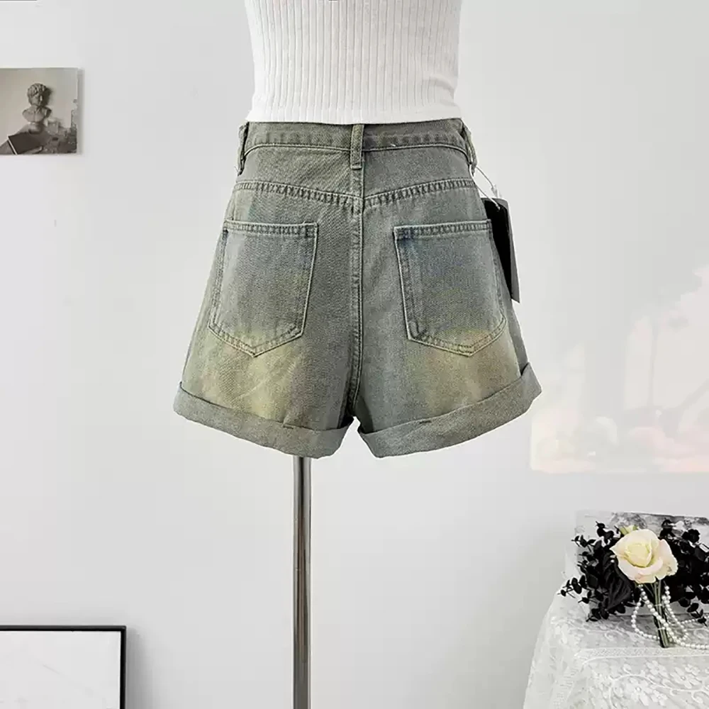 Short en Denim rétro américain pour femmes, taille haute, effiloché, trou court, décontracté, assorti avec tout, tenue de soirée et de Club