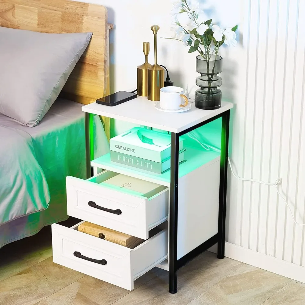 

Nightstand Charging Station and RGB Light with USB Ports and Sockets, White Nightstand with Drawers, Farmhouse Nightstand