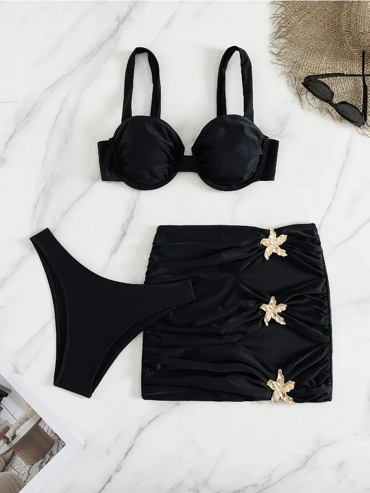 2025年女性用セクシープッシュアップアンダーワイヤーブラックホローアウトスターフィッシュスカート3ピースビキニセットサマーホリデー水着バケーション衣装
