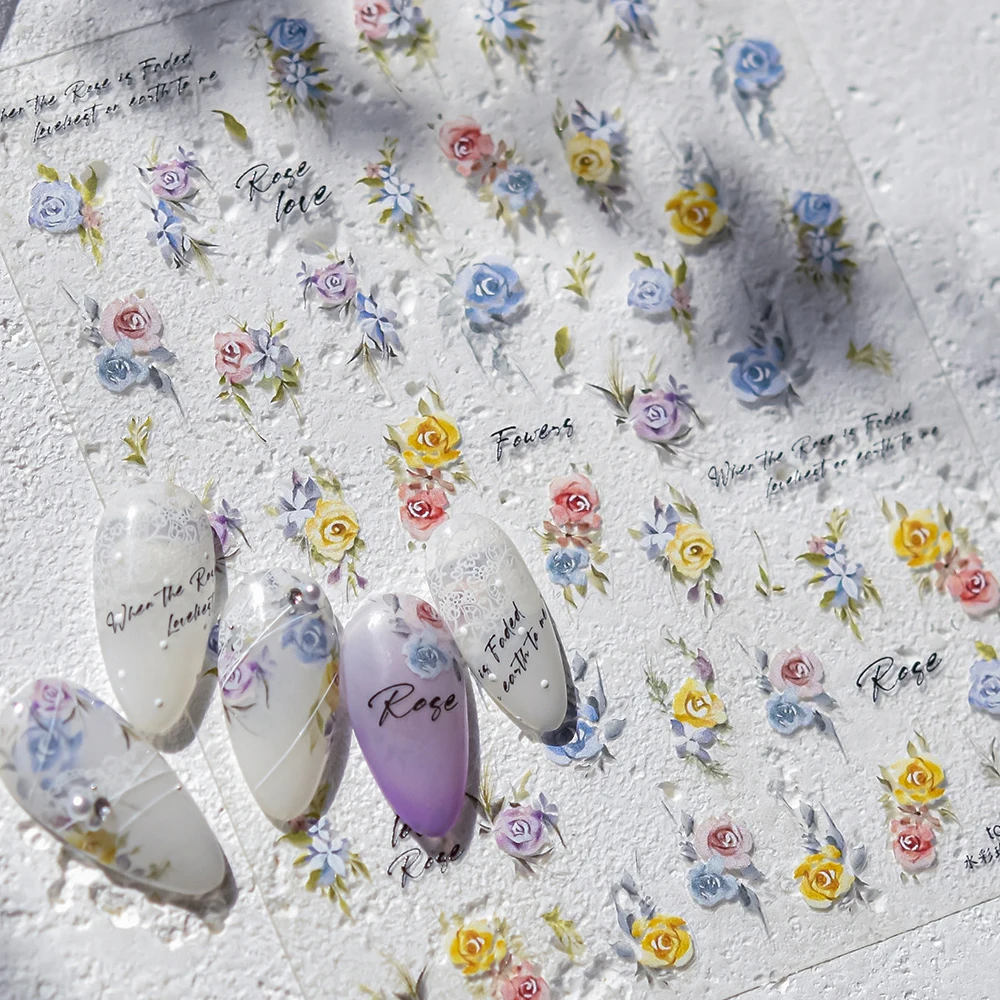 Encantadora flor rosa 5D pegatinas para decoración de uñas estilo acuarela colorido romántico jardín autoadhesivo decoración manicura calcomanía DIY