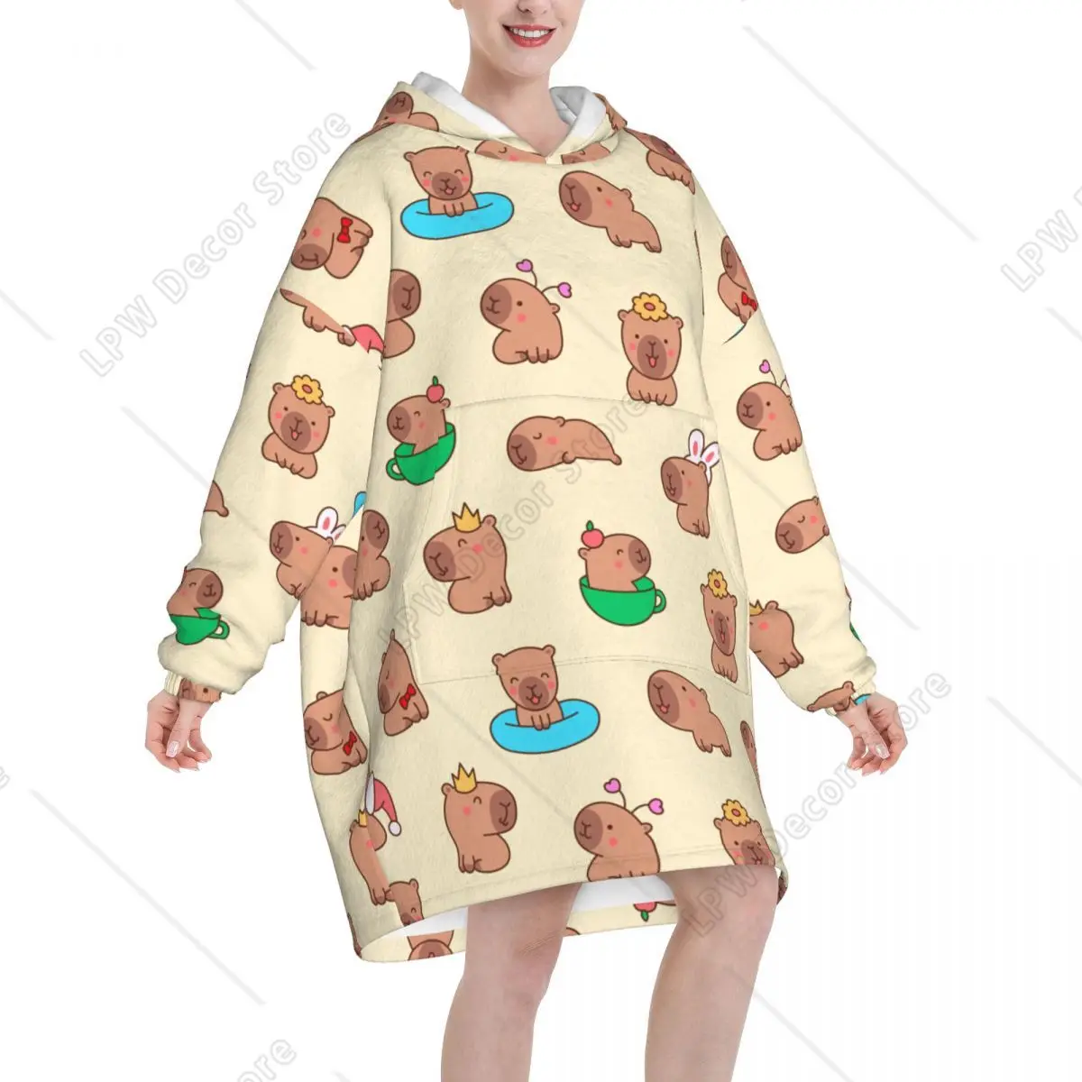 Cute Cartoon Kawaii Capybara Wearable Blanket Hoodie for Women Funny Capybaras Blanket Sweatshirt Hooded Blanket with Pocket